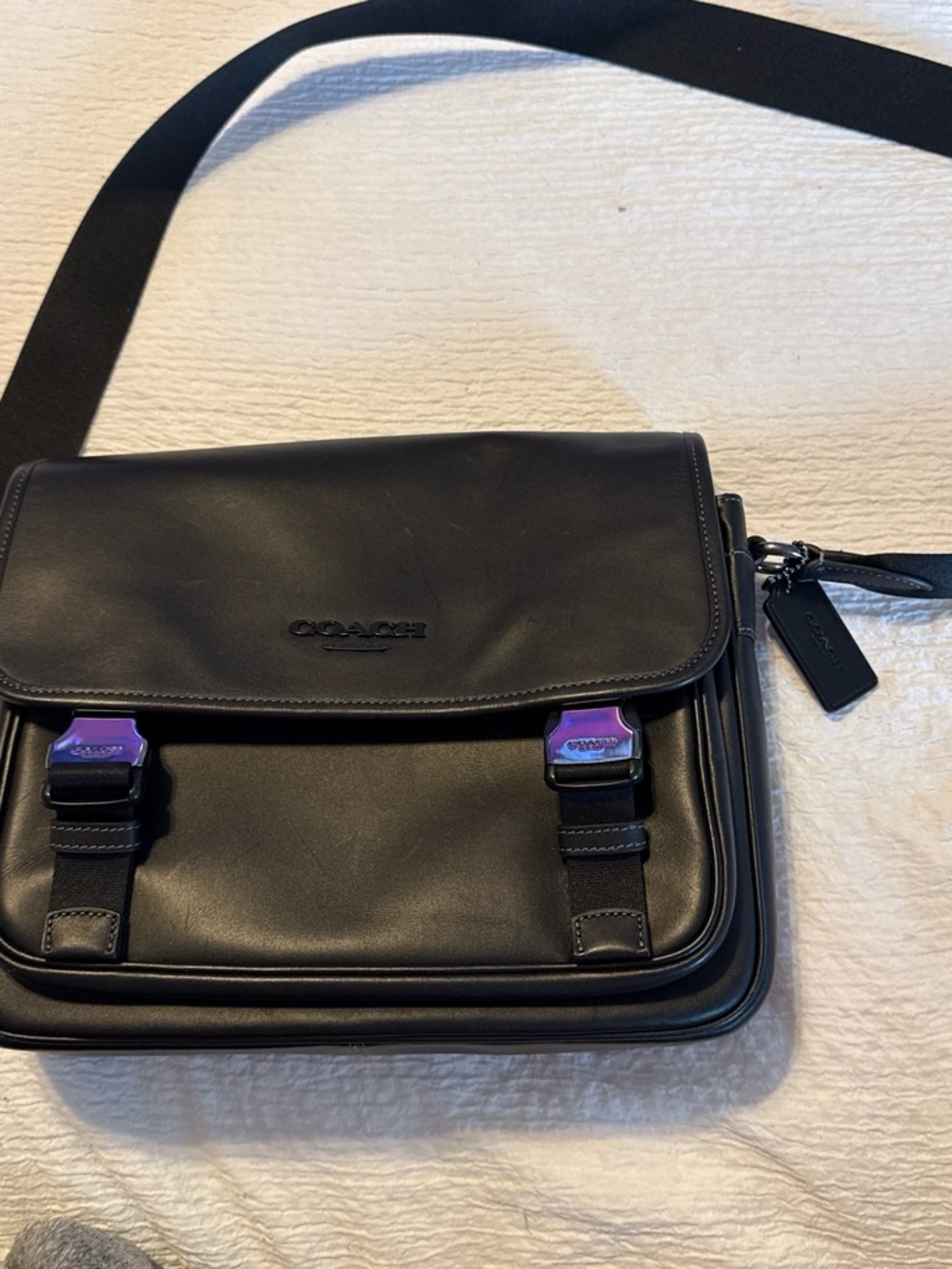 Coach Black Leather Messenger Bag with Purple Hardware Accents